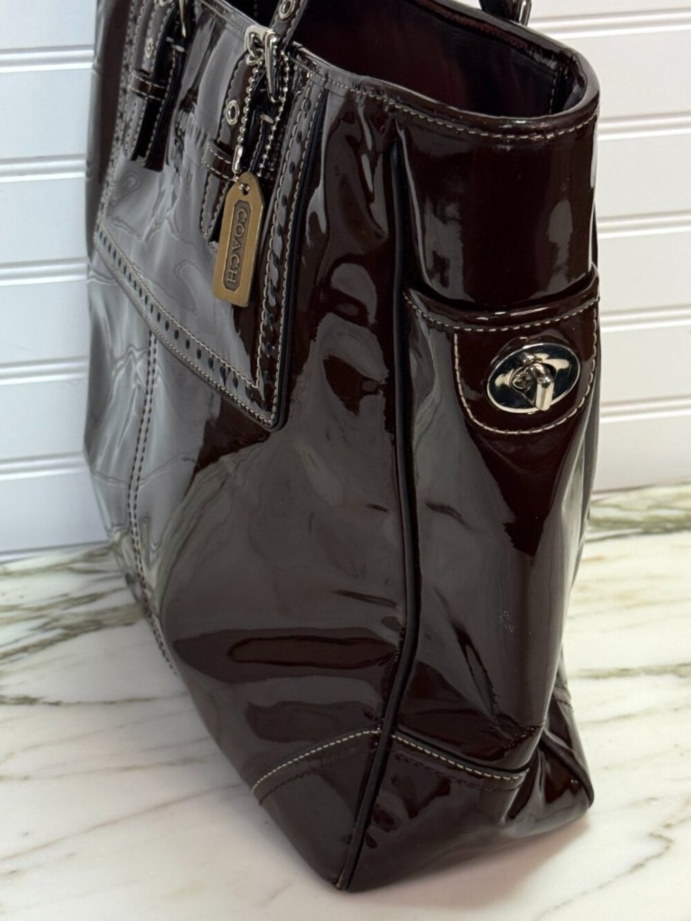 Coach Mahogany Patent Leather Gallery Tote Shoulder Bag Zip Top Large - Picture 2 of 8